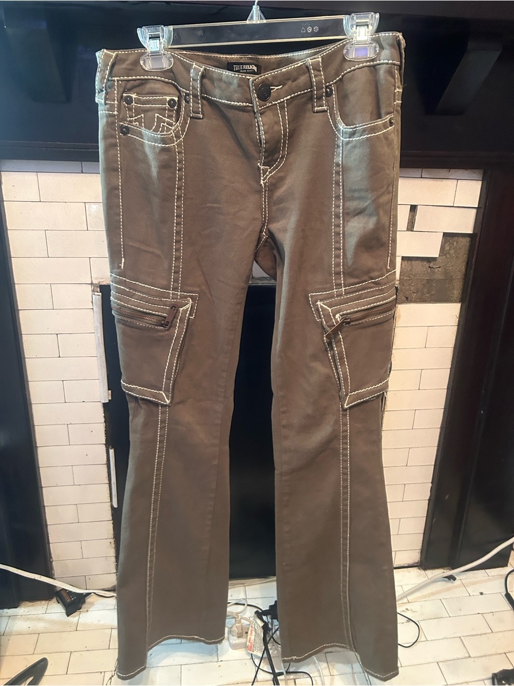 True Religion Olive Green Cargo Pants with White Stitching - Picture 5 of 5